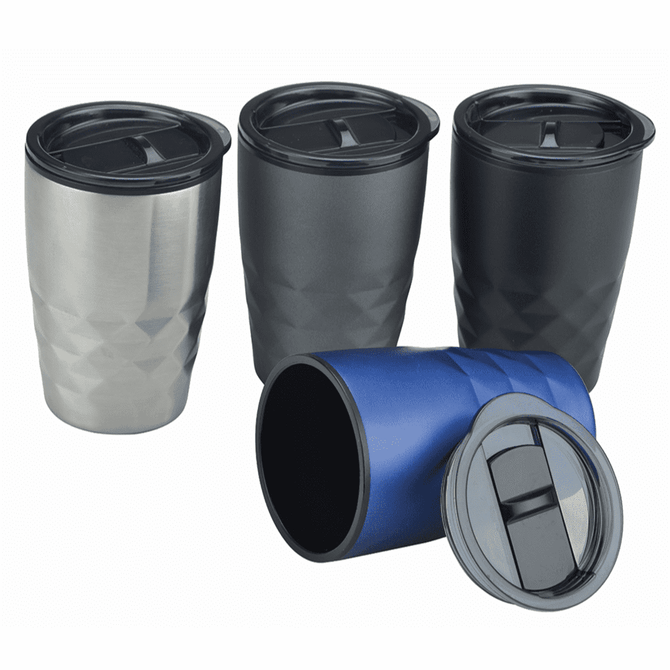 A drinkware set featuring four insulated coffee mugs in silver, black, and blue, with lids and diamond-patterned design.