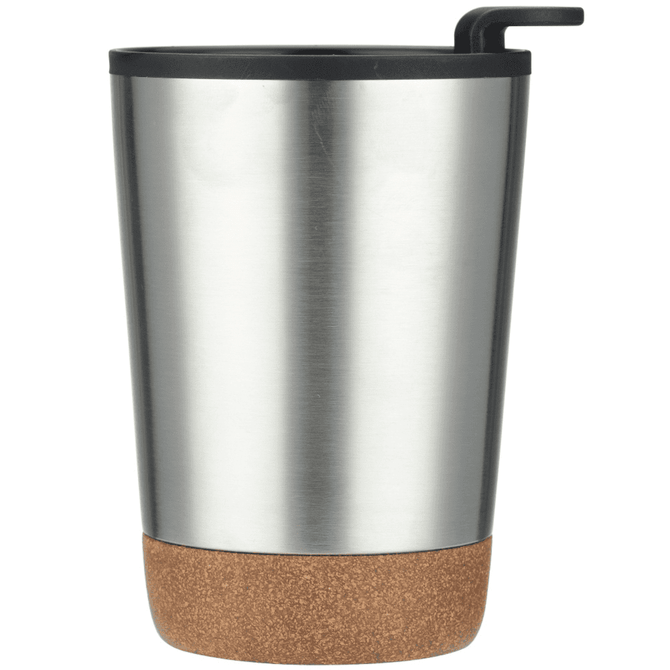 A stainless steel coffee mug with a cork base and a black lid featuring a straw. It has a simple design.
