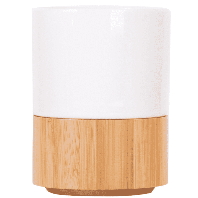 A white coffee mug with a bamboo base, featuring a smooth cylindrical design and a branding logo.