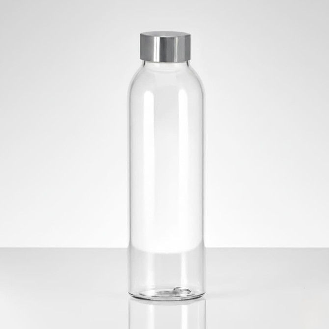 A drink bottle with a clear glass body and a silver metal lid.
