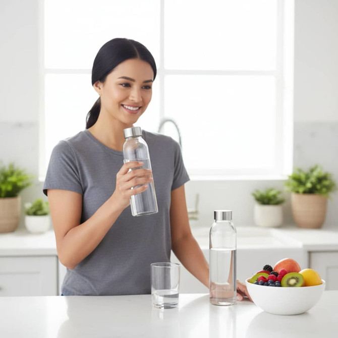A drink bottle filled with water stands beside a woman holding a clear glass, with a bowl of fresh fruit on the table.