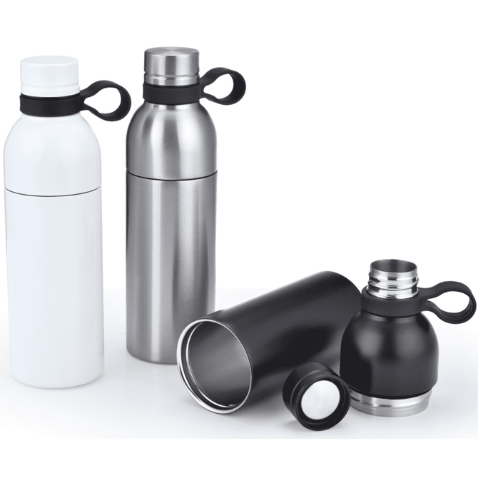 A drink bottle collection featuring white, stainless steel, and black designs, each with a looped cap.