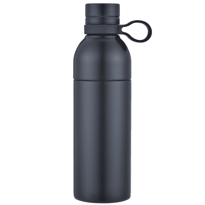 A drink bottle in matte black with a screw top and a loop handle, featuring a logo.