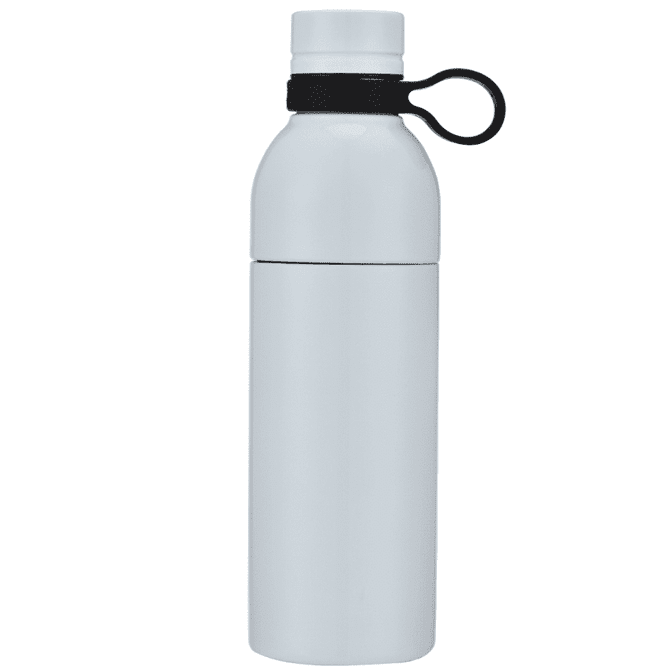 A drink bottle in a sleek white design with a black cap and handle. It features a logo on the body.