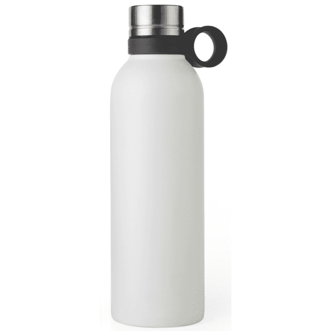 A drink bottle in white with a stainless steel lid and a black handle. It features a logo.