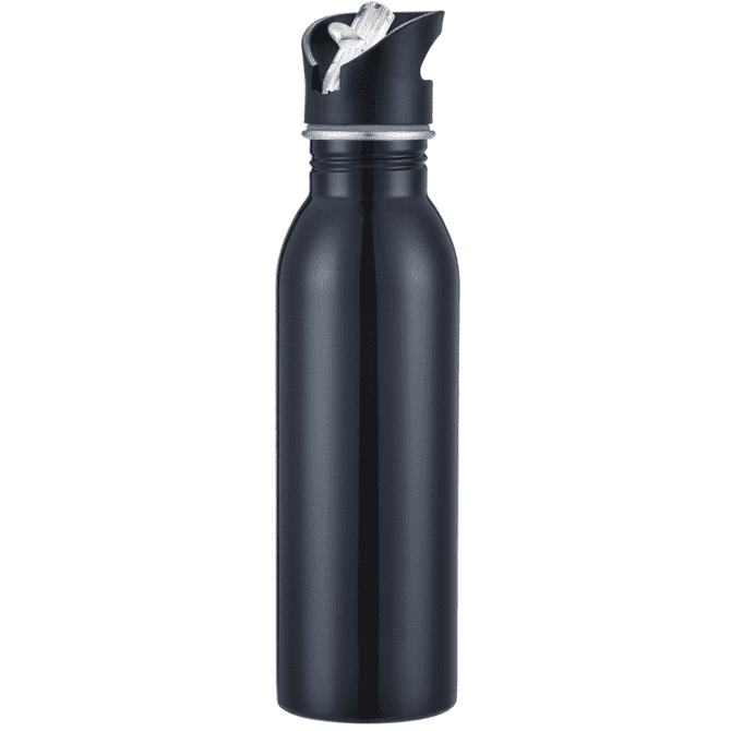 A drink bottle in a sleek black colour with a twist cap and a loop for carrying. It features a logo.