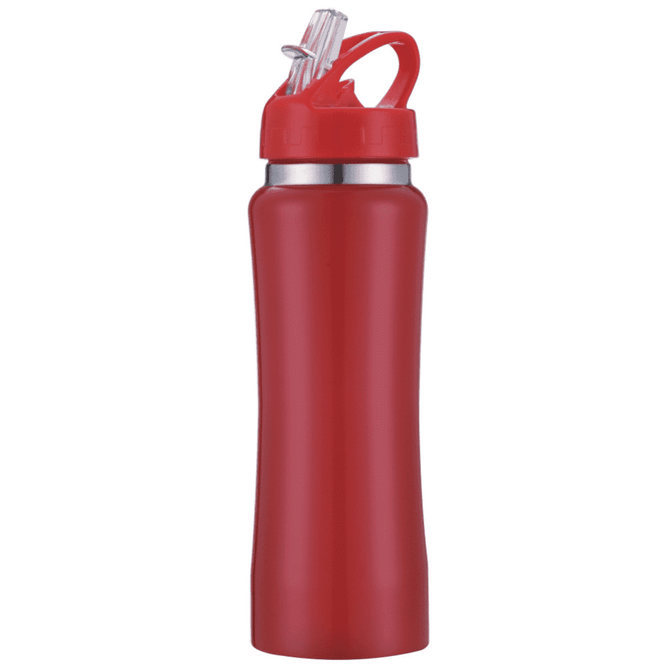 A drink bottle in red with a transparent straw and a carrying handle, featuring a silver band near the top.