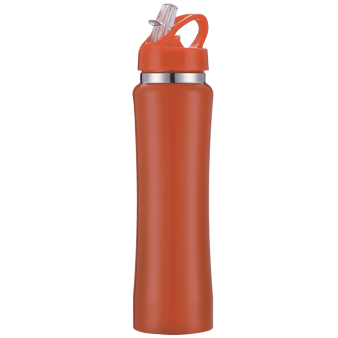 A drink bottle in vibrant orange with a silver accent and a straw cap, featuring a logo on the body.