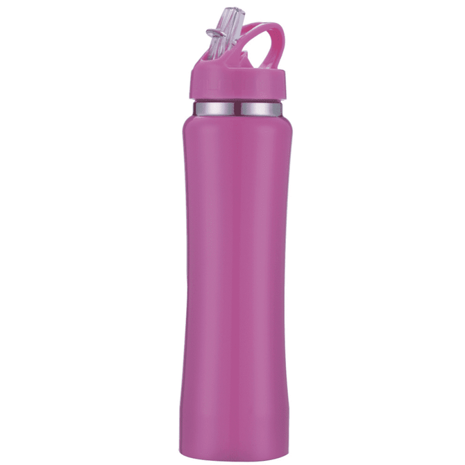A drink bottle in vibrant pink with a flip-top lid and a sleek design. It features a silver accent and a logo.