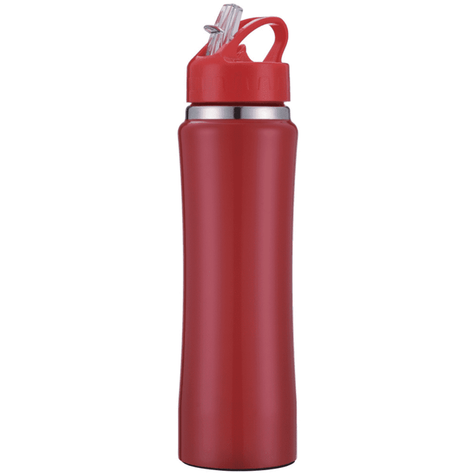 A drink bottle in vibrant red with a straw lid and a silver band around the neck. The bottle has a sleek design.