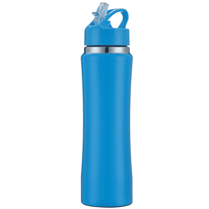 A drink bottle in a vibrant blue colour with a silver band and a flip-top straw. It features a logo.