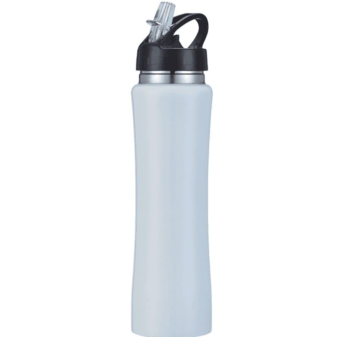 A drink bottle in a light grey colour with a black cap and a straw. It features a logo on the front.