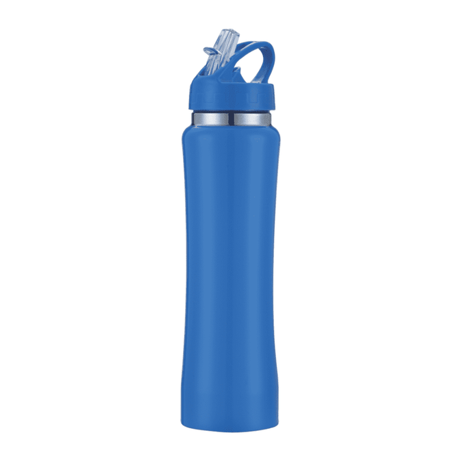 A drink bottle in bright blue with a double wall design and a straw for easy sipping. Features a logo.