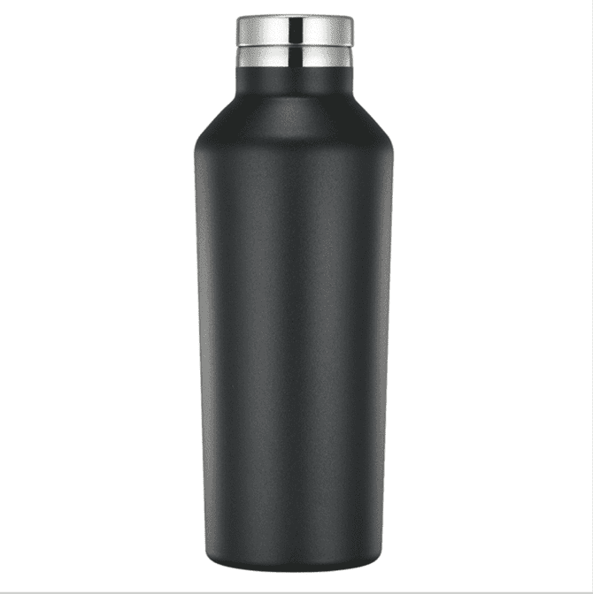 A drink bottle in matte black, featuring a sleek design and a silver screw-top lid. It includes a branding logo.