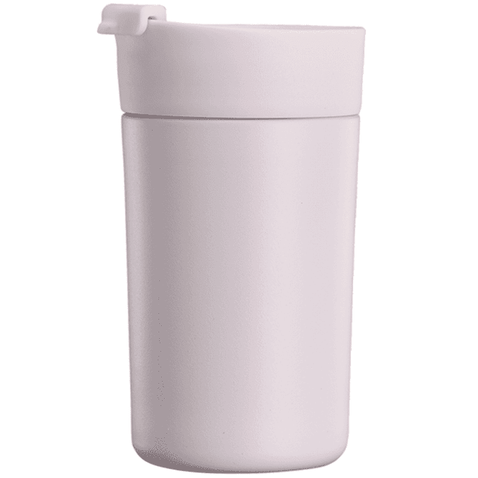 A drink bottle in soft pink with a lid and a simple design. It features a logo on the front.