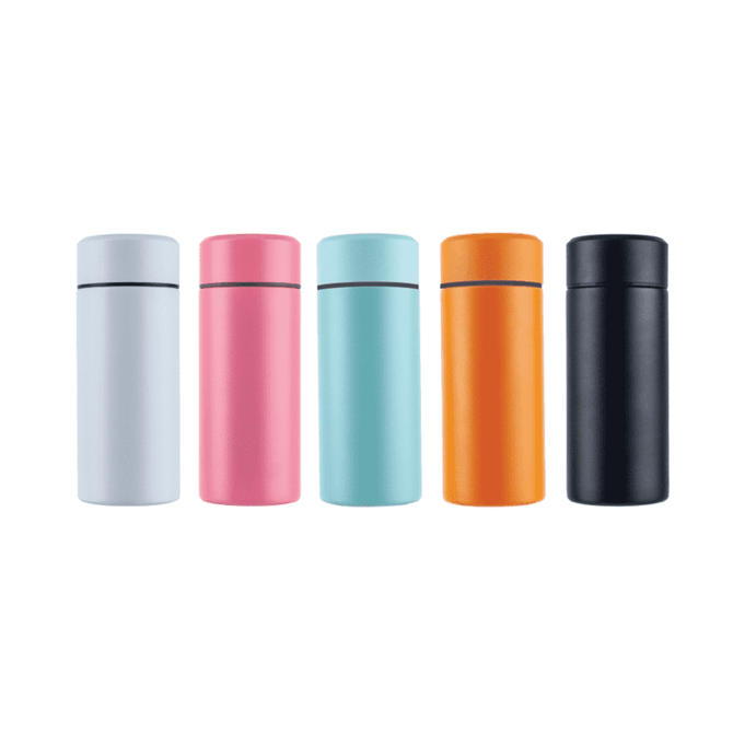 A collection of five drink bottles in white, pink, teal, orange, and black, featuring a simple design and branding.