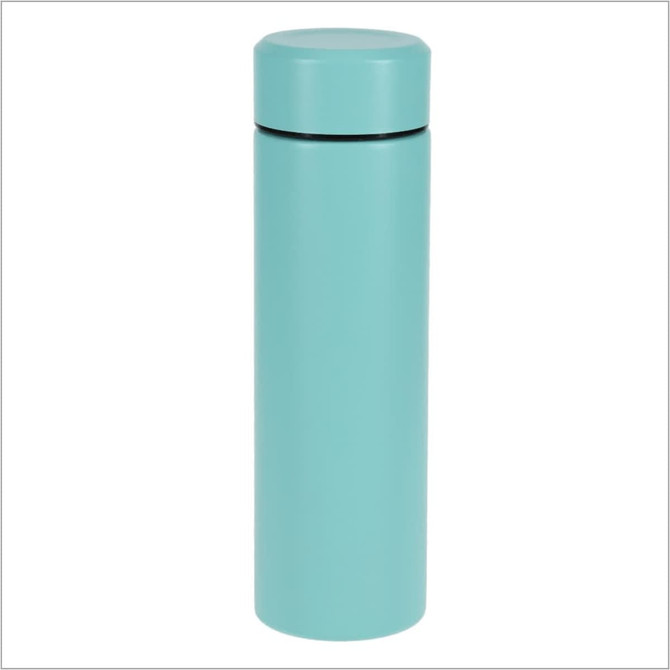 A drink bottle in a mint green colour with a sleek, cylindrical design and a matching lid.
