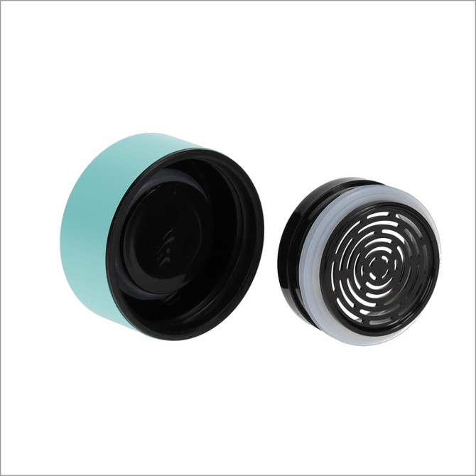 A drink bottle in mint green and black, featuring a two-part design with a removable lid and filter.