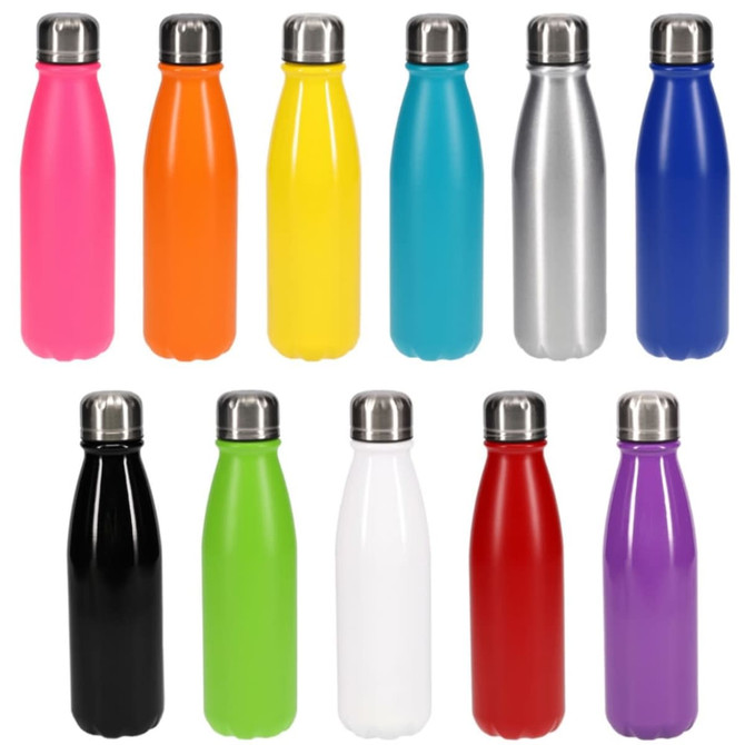 A drink bottle collection featuring pink, orange, yellow, teal, silver, black, green, white, red, and purple colours, each with a metallic lid.