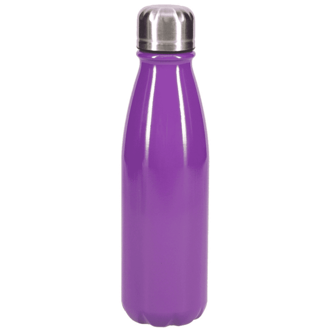 A drink bottle in vibrant purple with a stainless steel lid and a sleek, modern design. It features a logo.