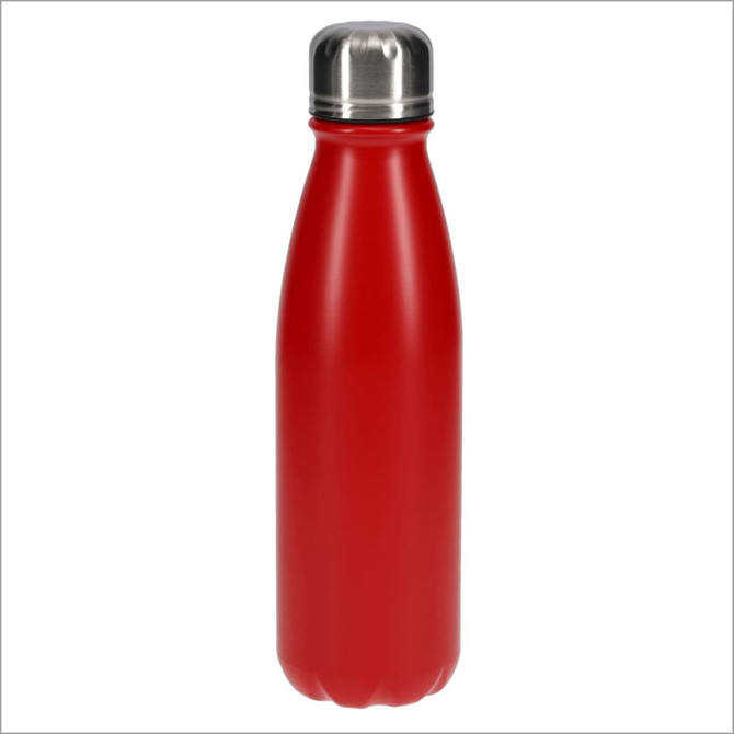 A drink bottle in a vibrant red colour with a stainless steel lid and a sleek, contoured shape.