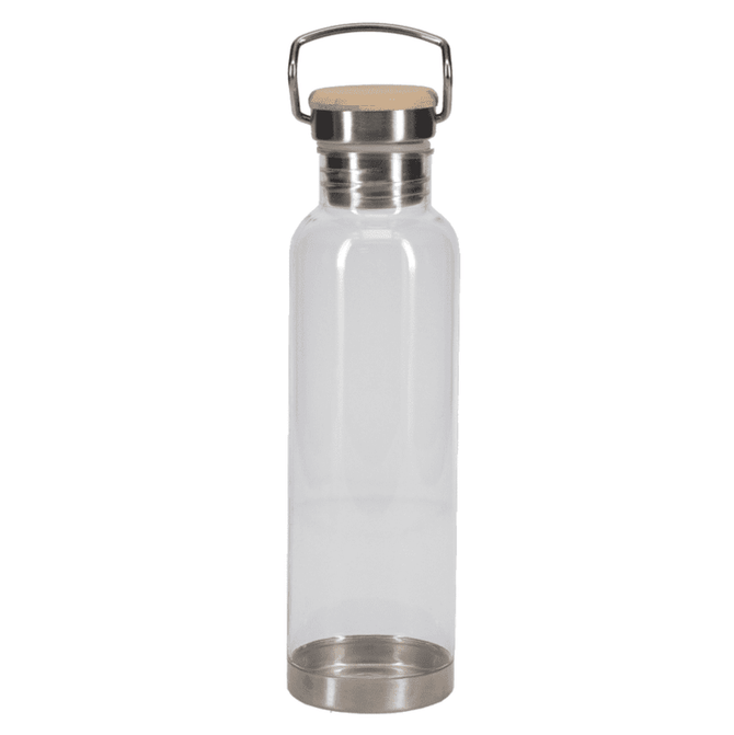 A drink bottle made of clear glass with a stainless steel base and a wooden cap. It features a metal handle.