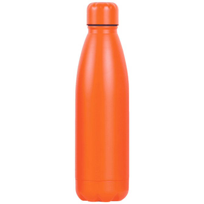 An orange drink bottle with a slim, tapered design and a black ring around the lid. It features a logo.