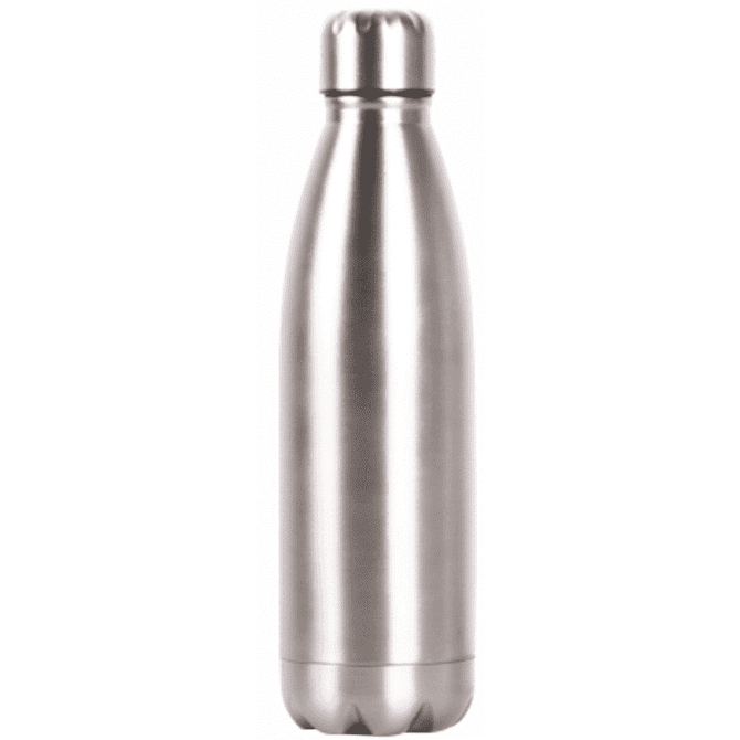 A drink bottle in a sleek stainless steel finish with a rounded top and a textured bottom. It features a logo.