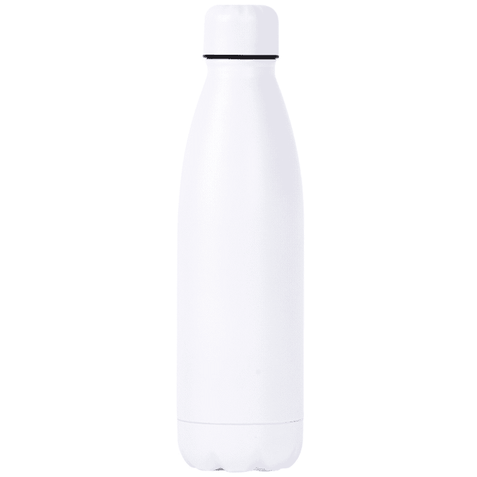 A drink bottle in a sleek white design with a black accent at the top, featuring a logo.
