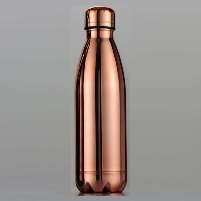 A drink bottle in a sleek, shiny copper finish with a round cap and a curved shape, featuring a logo.