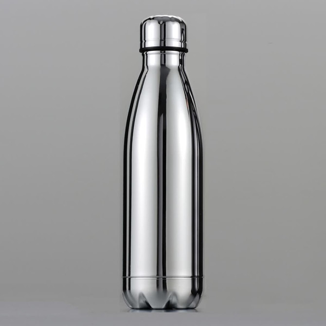 A drink bottle in a sleek silver finish with a rounded cap and a minimalist design. Features a branding logo.
