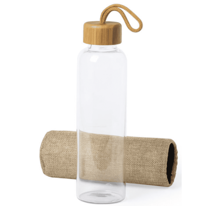 A drink bottle made of clear glass with a bamboo lid and a jute sleeve, featuring a hanging loop.