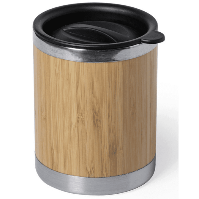A coffee mug with a bamboo exterior, metal rim, and a black lid, featuring a logo.