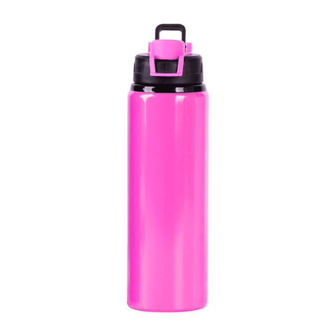 A drink bottle in vibrant pink with a black lid and a built-in handle, featuring a logo.