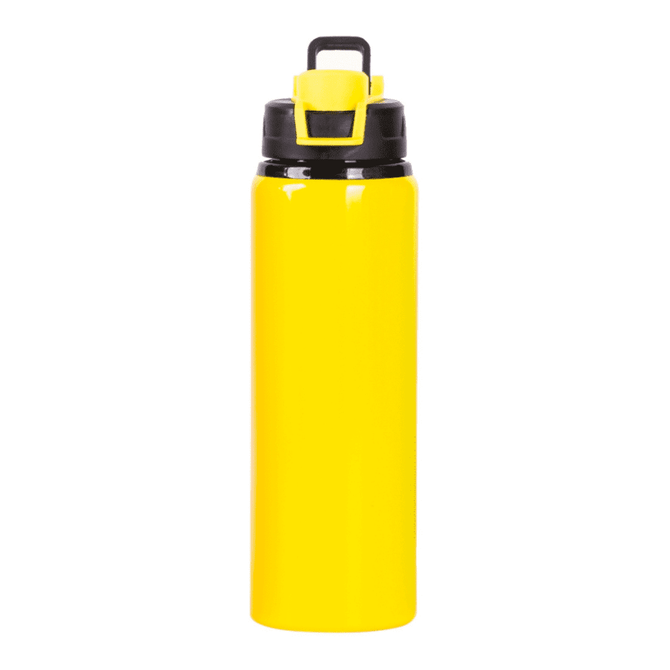 A drink bottle in bright yellow with a black lid and handle, featuring a logo.