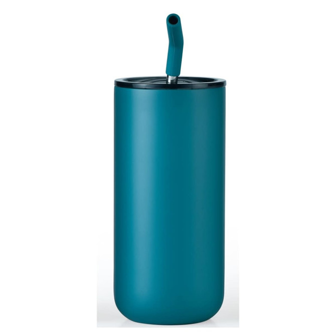 A drink bottle in teal with a black lid and a straw, featuring a sleek and modern design.