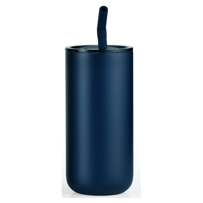 A drink bottle in navy blue with a straw and a sleek, modern design. It features a logo on its surface.