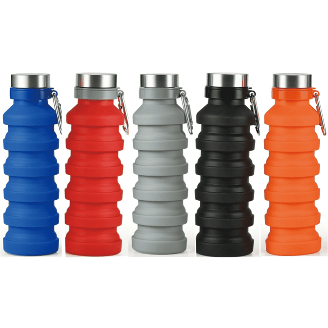 A drink bottle featuring a collapsible design, available in blue, red, grey, black, and orange with a metallic cap.