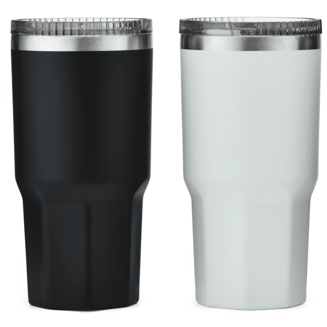 A drink bottle set featuring a black and a white insulated tumbler, each with a silver lid and branding.