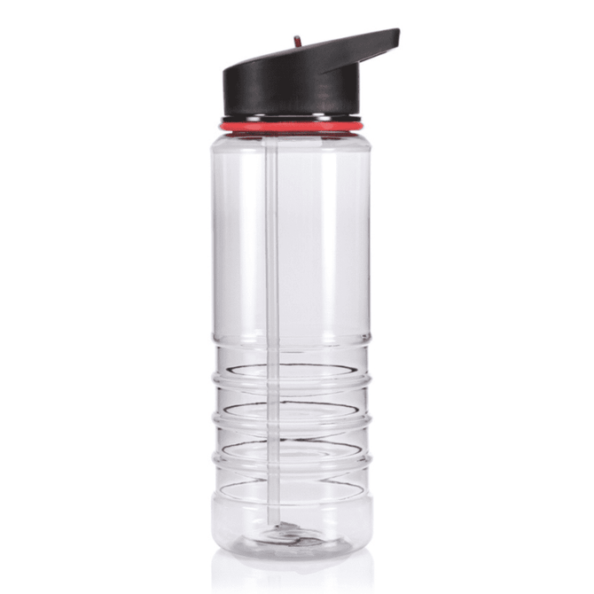 A drink bottle with a clear body, red accents, and a black flip-top lid, featuring a straw inside.