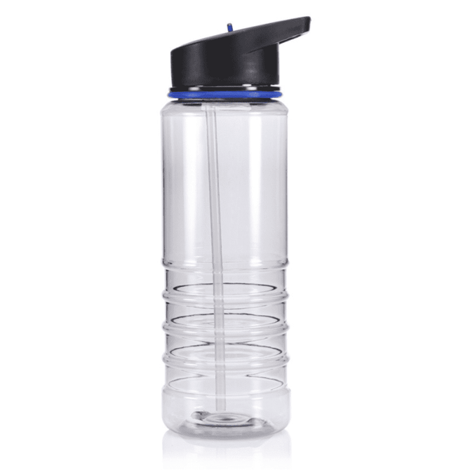 A drink bottle in clear plastic with a black lid and blue accents, featuring a built-in straw.