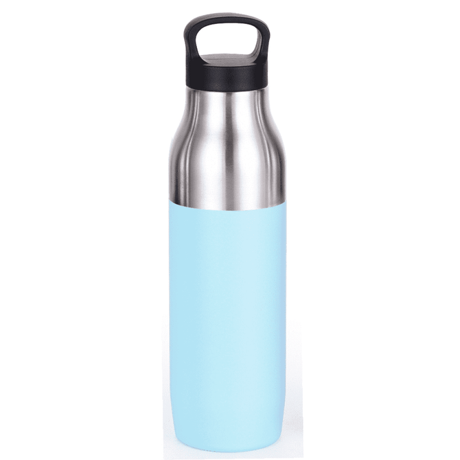 A drink bottle with a stainless steel top and a pastel blue body. It features a handle and has a logo.