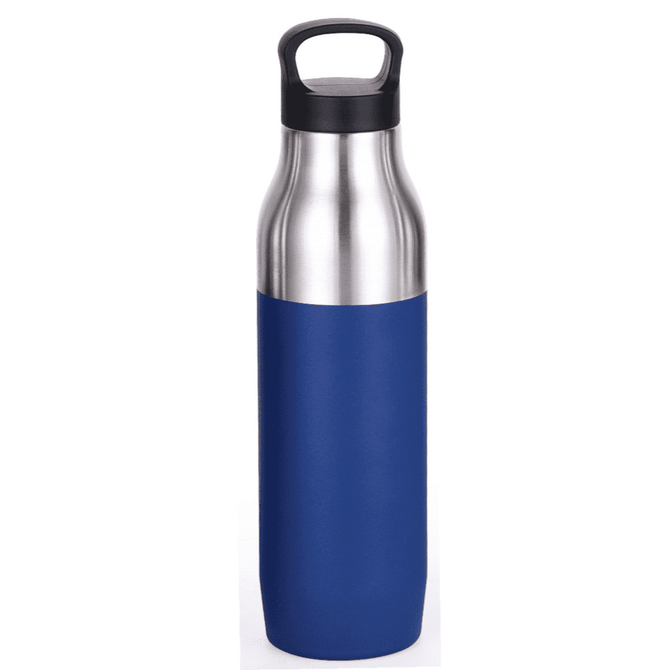 A drink bottle with a stainless steel upper section and a blue matte lower section, featuring a black handle.