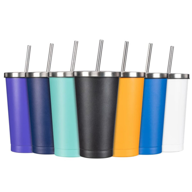 A drink bottle set featuring eight tumblers in purple, navy, teal, orange, blue, black, and white with metal straws.