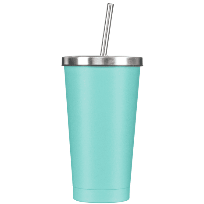 A drink bottle in a light teal colour with a stainless steel lid and straw. Features a logo on the side.