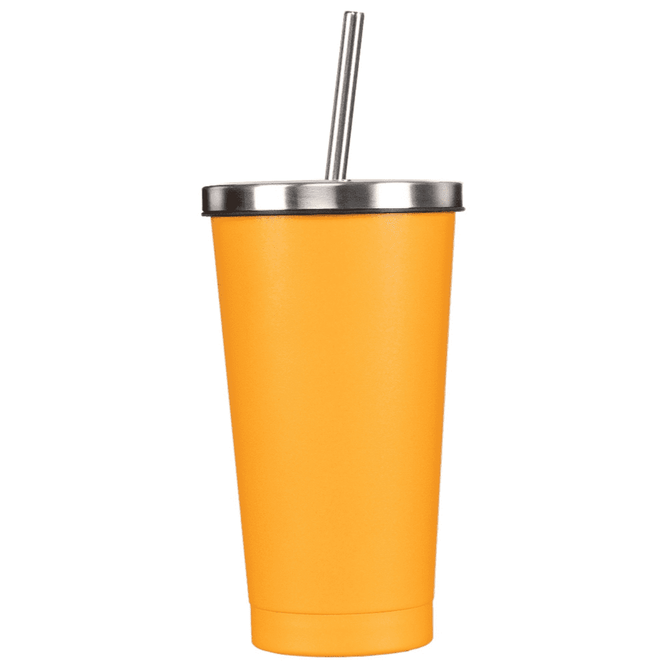 A drink bottle in bright orange with a stainless steel lid and straw, featuring a simple design.
