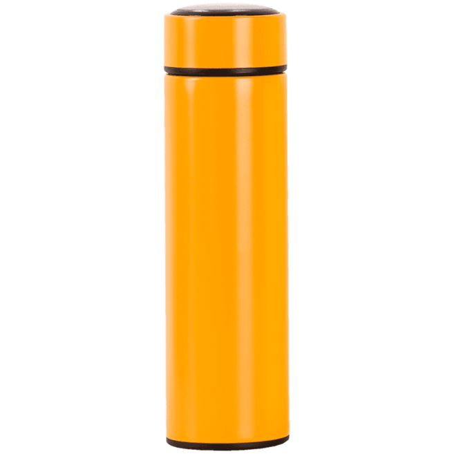 A drink bottle in bright yellow with a sleek design and a black lid, featuring a logo.