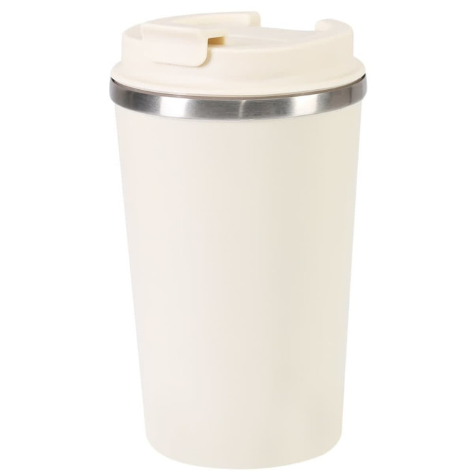 A plastic tumbler in cream colour with a silver band at the top and a lid. It features a logo.