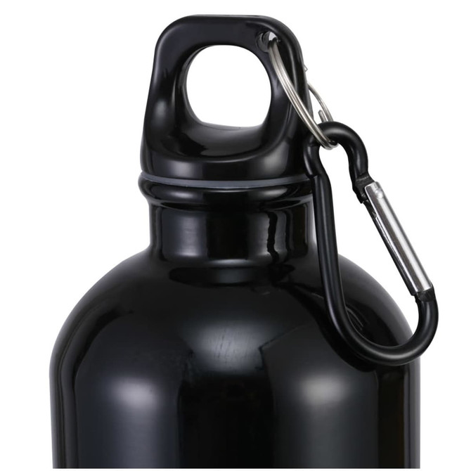 A drink bottle in sleek black, featuring a carabiner clip for easy attachment and a rounded design.