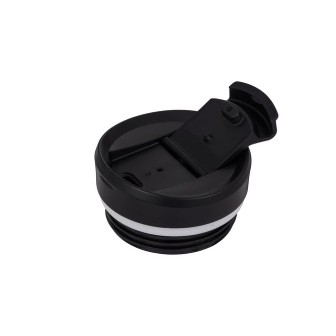 A coffee mug lid in black and white, featuring a flip-top opening and a seal for spill resistance.